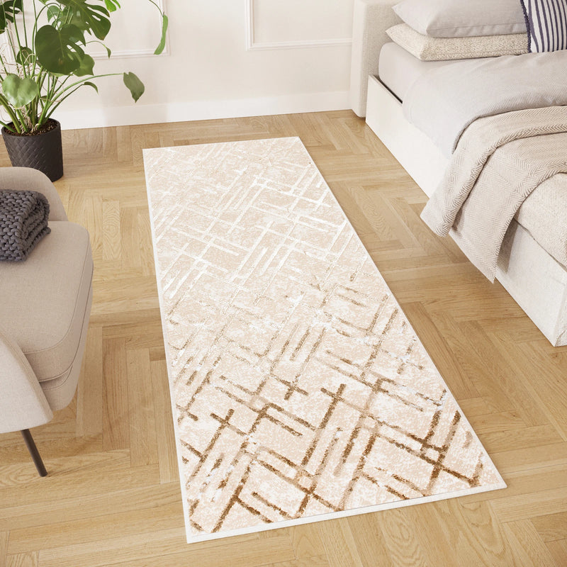 Covor traversa elegant Crystal bej cu model 3D 70x260 cm - LunaHome.ro