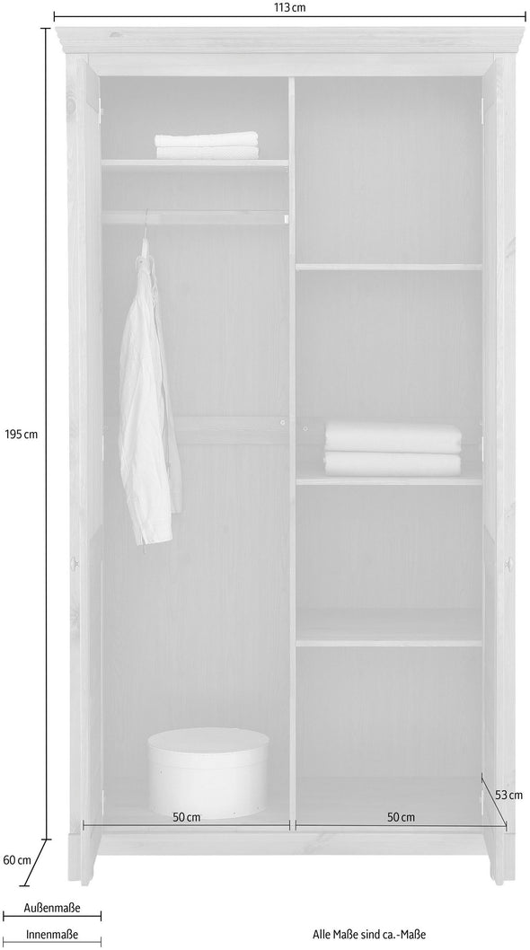 Dulap de dormitor Rauna din lemn de pin alb rustic 113 cm - LunaHome.ro