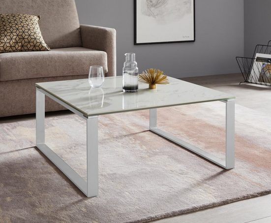 Masuta de cafea alba Bamako, cu cadru metalic si blat din sticla, 80x80 cm - LunaHome.ro