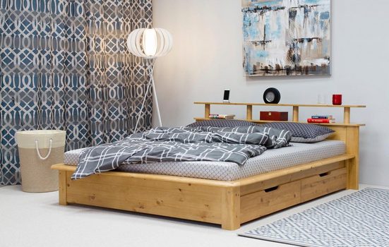 Pat Finja din lemn masiv de pin natur, cu tablie functionala, 160x200 cm - LunaHome.ro