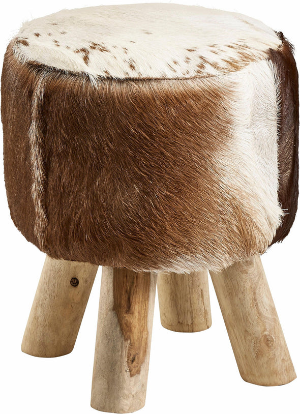 Taburet Home din piele de vacă, picioare lemn de eucalipt, 42 cm inaltime - LunaHome.ro