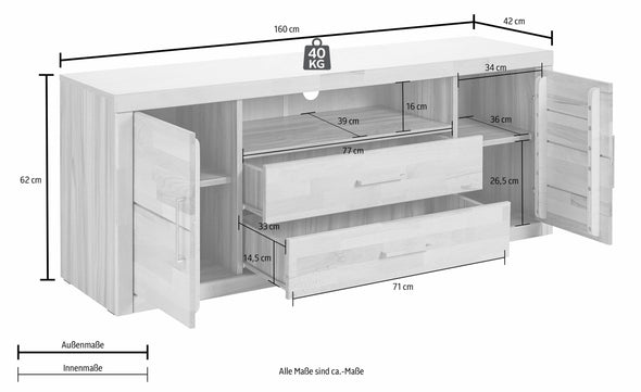 Comoda TV Woltra Logo cu fronturi din lemn de stejar, 160 cm latime - LunaHome.ro