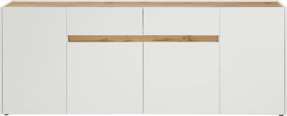 Comoda »City Giron« alba cu detalii de culoare stejar, design modern, 220 cm latime - LunaHome.ro