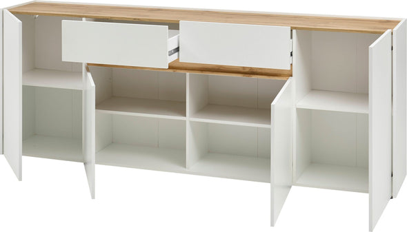 Comoda »City Giron« alba cu detalii de culoare stejar, design modern, 220 cm latime - LunaHome.ro