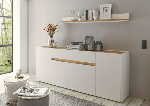 Comoda »City Giron« alba cu detalii de culoare stejar, design modern, 220 cm latime - LunaHome.ro