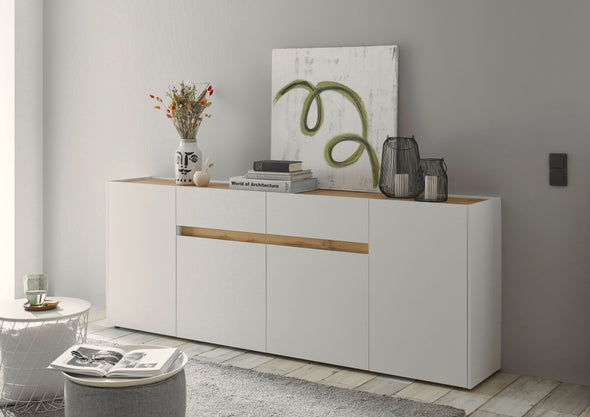 Comoda »City Giron« alba cu detalii de culoare stejar, design modern, 220 cm latime - LunaHome.ro