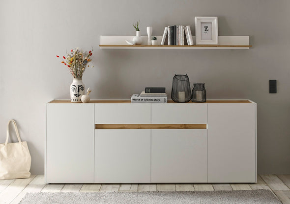 Comoda »City Giron« alba cu detalii de culoare stejar, design modern, 220 cm latime - LunaHome.ro