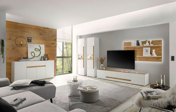 Comoda »City Giron« alba cu detalii de culoare stejar, design modern, 220 cm latime - LunaHome.ro