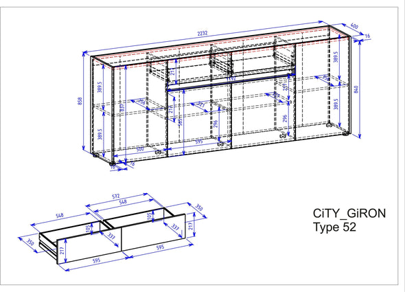 Comoda »City Giron« alba cu detalii de culoare stejar, design modern, 220 cm latime - LunaHome.ro