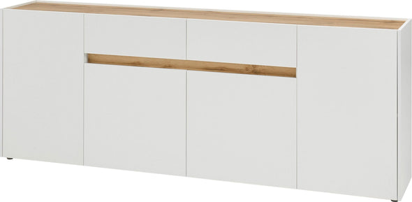 Comoda »City Giron« alba cu detalii de culoare stejar, design modern, 220 cm latime - LunaHome.ro