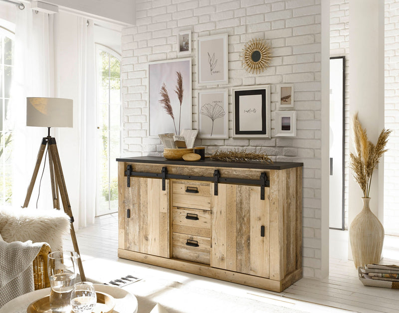 Comoda »SHERWOOD« cu aspect de lemn, usi tip hambar, lățime 161 cm - LunaHome.ro