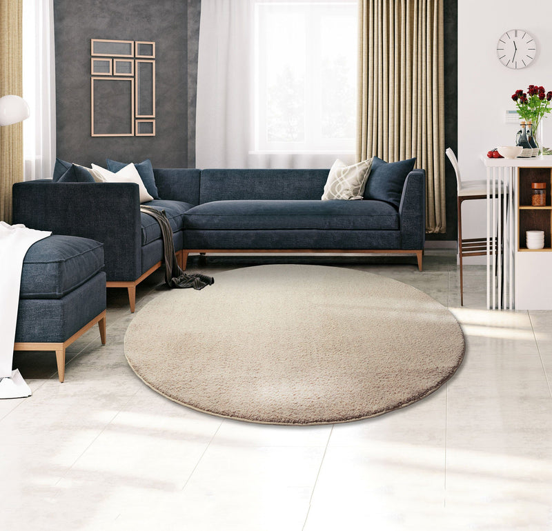 Covor rotund »Vince« foarte moale si pufos, culoare nisipiu, 140 cm - LunaHome.ro