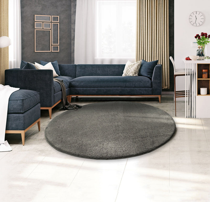 Covor rotund »Vince« foarte moale si pufos, gri inchis, 140 cm - LunaHome.ro