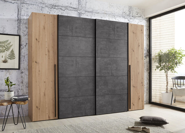 Dulap Narago cu 4 usi, culoare stejar-beton, 270 cm latime - LunaHome.ro