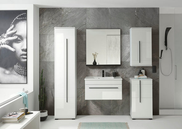 Dulap înalt de baie »Panarea« din Mdf alb lucios cu maner decorativ - LunaHome.ro