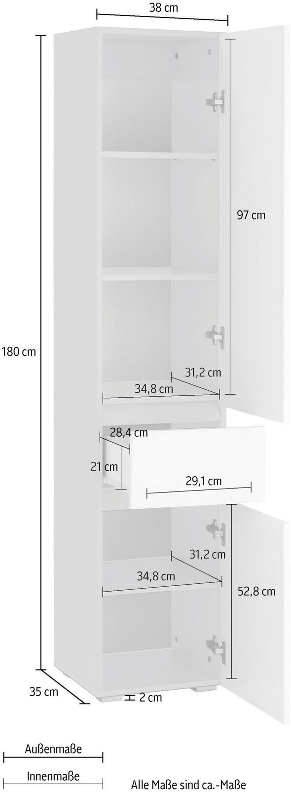 Dulap inalt de baie, Wisla, înălțime 180 cm, cu 2 uși și 1 sertar - LunaHome.ro