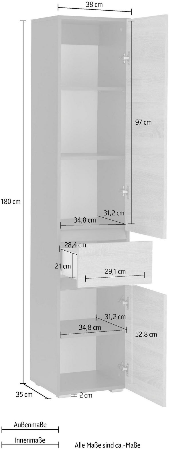 Dulap inalt de baie, Wisla, înălțime 180 cm, cu 2 uși și 1 sertar - LunaHome.ro