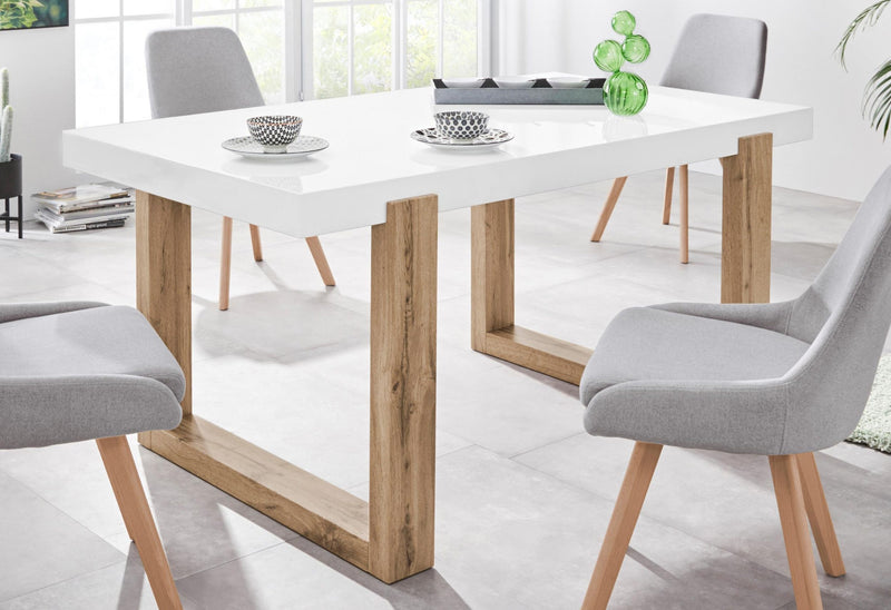 Masa INOSIGN Solid, cu cadru cu aspect de lemn si blat alb lucios, latime 160 cm - LunaHome.ro