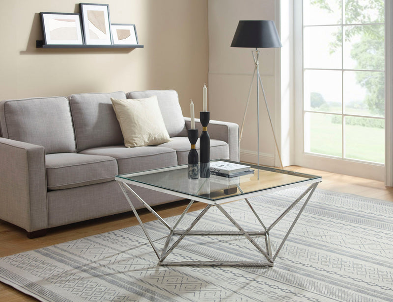 Masa de cafea »Jävre« cu blat din sticla, cadru metalic geometric, inaltime 45 cm - LunaHome.ro