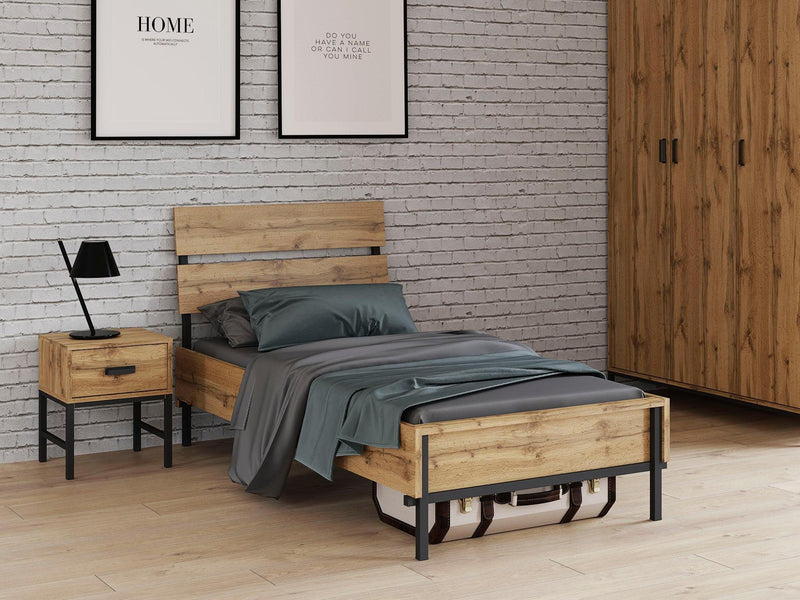 Pat Aubetin din PAL si metal, cu aspect de lemn, 90x200 cm - LunaHome.ro