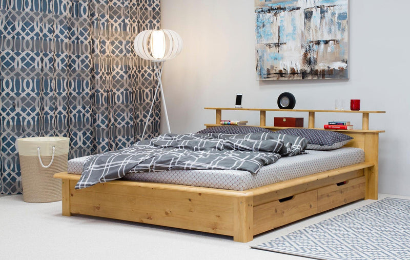 Pat Finja din lemn masiv de pin, natur, cu tablie functionala, 180x200 cm - LunaHome.ro