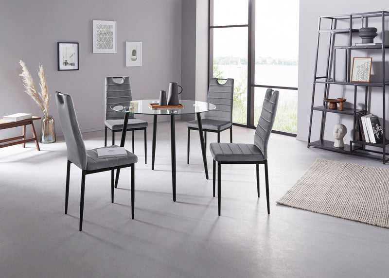 Set masă rotundă din sticlă, 100 cm și 4 scaune cu husă din catifea - LunaHome.ro