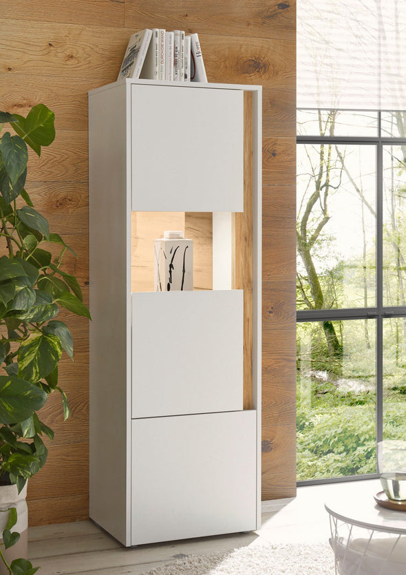 Vitrina »City Giron« alba cu detalii de culoare stejar, design modern, 50 cm latime - LunaHome.ro