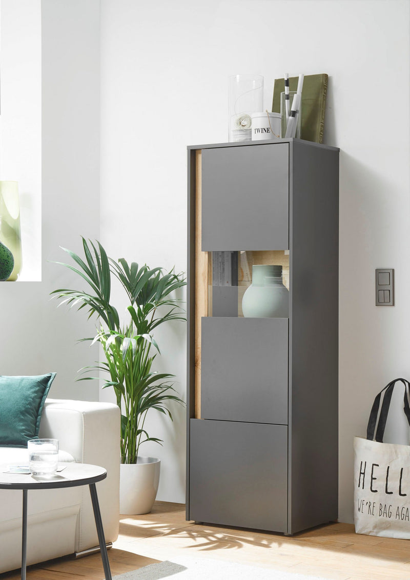 Vitrina »City Giron« gri cu detalii de culoare stejar, design modern, 50 cm latime - LunaHome.ro