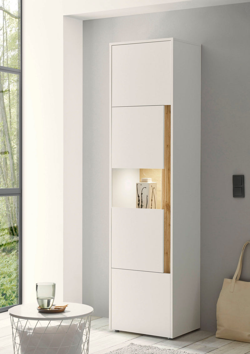 Vitrina »City Giron« alba cu detalii de culoare stejar, design modern, 50 cm latime - LunaHome.ro