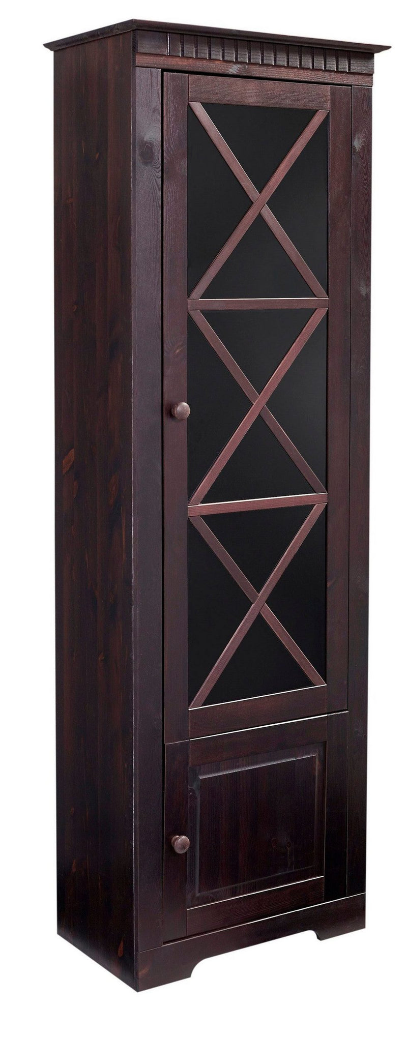 Vitrina »Lisa« din lemn masiv de pin maro inchis, cu o ușă din sticlă, 60 cm latime - LunaHome.ro